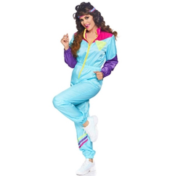 SPIRIT Women's 2 Pc 80s Track Suit Costume With Jumpsuit, Headband women’s M/L - Picture 1 of 15